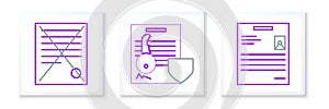 Set line Personal document, Delete file and Document with key with shield icon. Vector