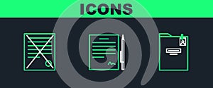 Set line Personal folder, Delete file document and Contract with pen icon. Vector