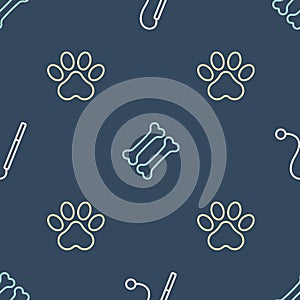 Set line Pet cat toy, Paw print and Dog bone on seamless pattern. Vector