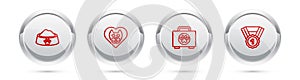 Set line Pet food bowl, Heart with cat, first aid kit and Dog award symbol. Silver circle button. Vector