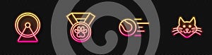 Set line Pet toys ball, Hamster wheel, award symbol and Cat. Glowing neon icon. Vector