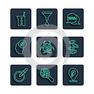 Set line Petri dish with pipette, Microorganisms under magnifier, Location leaf, DNA symbol, Biohazard, Human head