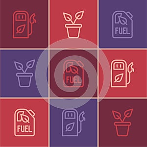 Set line Petrol or gas station, Bio fuel canister and Plant in pot icon. Vector