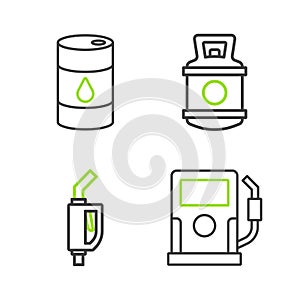 Set line Petrol or gas station, Gasoline pump nozzle, Propane tank and Barrel oil icon. Vector