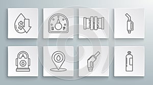 Set line Petrol or Gas station, Motor gas gauge, Refill petrol fuel location, Gasoline pump nozzle, Industrial cylinder