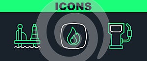 Set line Petrol or gas station, Oil platform in the sea and Fire flame icon. Vector