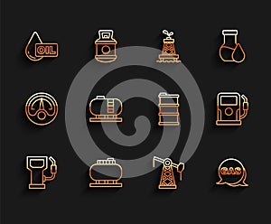 Set line Petrol or gas station, Oil tank storage, drop, pump pump jack, Location and, and Barrel oil icon. Vector