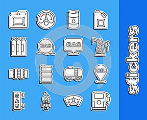 Set line Petrol or gas station, Refill petrol fuel location, Oil pump pump jack, Barrel oil, Location and, Industrial