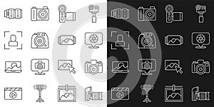 Set line Photo camera, Camera shutter, Cinema, focus frame line, photo lens and icon. Vector