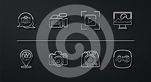 Set line Photo camera, Camera shutter, retouching, Cinema, frame 4 and focus line icon. Vector