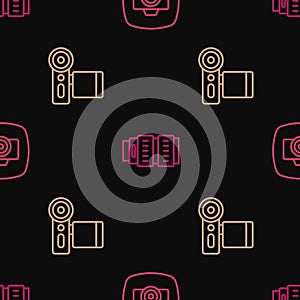 Set line Photo camera, Cinema and Camera photo lens on seamless pattern. Vector