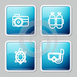 Set line Photo camera for diver, Aqualung, Turtle and Diving mask with snorkel icon. Vector