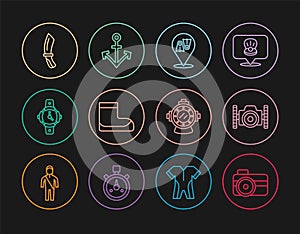 Set line Photo camera for diver, Flippers swimming, Boots, Diving watch, knife, Aqualung and Anchor icon. Vector