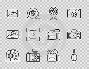 Set line Photo camera, Dust blower, Camera shutter, frame, focus line, Retro cinema and icon. Vector