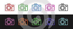 Set line Photo camera icon isolated on black and white background. Foto camera. Digital photography. Vector