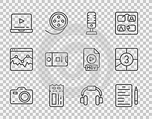 Set line Photo camera, Scenario, Microphone, Cinema ticket, Online play video, and shooting, Headphones and Old film