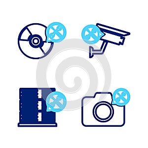 Set line Photo camera service, Database server, Security and CD or DVD disk icon. Vector