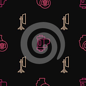 Set line Photo camera, Studio light bulb in softbox and Camera film roll cartridge on seamless pattern. Vector