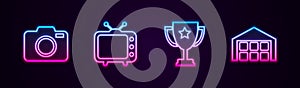 Set line Photo camera, Television tv, Trophy cup and Warehouse. Glowing neon icon. Vector