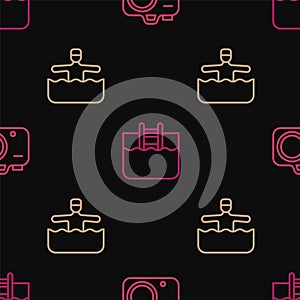 Set line Photo camera, Water gymnastics and Swimming pool with ladder on seamless pattern. Vector