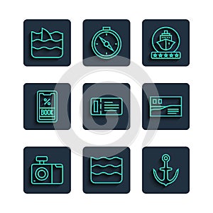 Set line Photo camera, Wave, Anchor, Cruise ship, ticket, Shark fin in ocean wave and Postcard travel icon. Vector