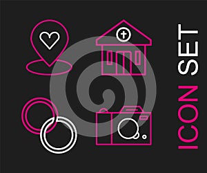 Set line Photo camera, Wedding rings, Church building and Location with heart icon. Vector