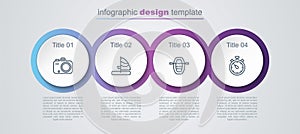 Set line Photo camera, Windsurfing, Boat with oars and Stopwatch. Business infographic template. Vector