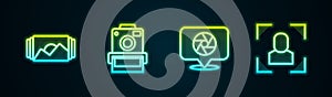 Set line Photo frame, camera, Camera shutter and focus line. Glowing neon icon. Vector