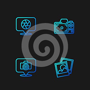 Set line Photo frame, camera, Camera shutter and . Gradient color icons. Vector