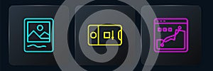 Set line Photo frame, Histogram graph photography and and video shooting. Black square button. Vector