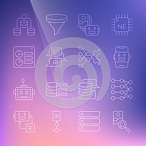 Set line Photo retouching, Neural network, Chat bot, Artificial intelligence robot, Computer api interface, Server, Data