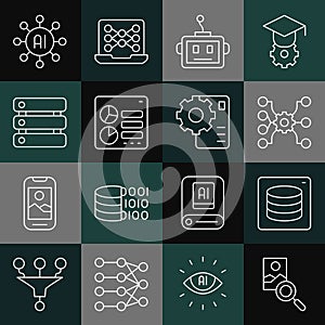Set line Photo retouching, Server, Data, Neural network, Artificial intelligence robot, Computer api interface, and icon