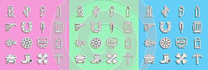 Set line Pickaxe, Bullet, Gun powder barrel, Tooth, Horseshoe, Revolver gun, Cactus and Indian feather icon. Vector