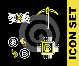 Set line Pickaxe, CPU mining farm, Processor chip with dollar and Cryptocurrency bitcoin circuit icon. Vector