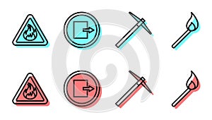 Set line Pickaxe, Fire flame in triangle, Fire exit and Burning match with fire icon. Vector