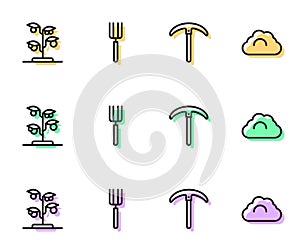 Set line Pickaxe, Sprout, Garden pitchfork and Cloudy weather icon. Vector