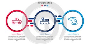 Set line Pickup truck, Cargo ship with boxes delivery and Helicopter. Business infographic template. Vector