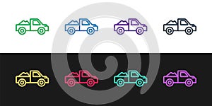 Set line Pickup truck icon isolated on black and white background. Vector