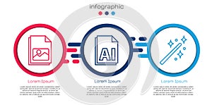 Set line Picture landscape, AI file document and Magic wand. Business infographic template. Vector