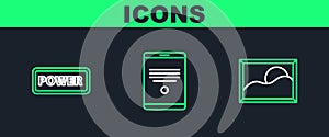 Set line Picture landscape, Power button and Tablet icon. Vector