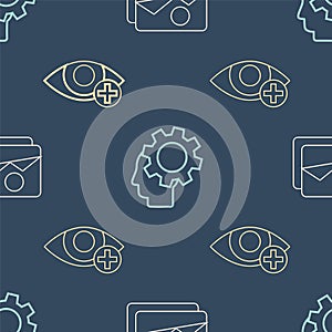 Set line Picture landscape, Red eye effect and Human head with gear inside on seamless pattern. Vector