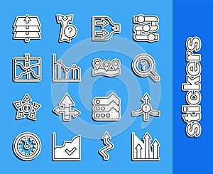 Set line Pie chart infographic, Arrow, Unknown search, Intersection point, Layers and Location icon. Vector