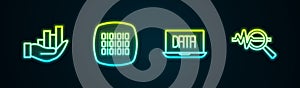 Set line Pie chart infographic, Binary code, Data analysis and Search data. Glowing neon icon. Vector