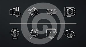 Set line Pie chart infographic bitcoin, Bitcoin, Video card, Cryptocurrency wallet, Hand holding, key, cloud mining and