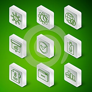 Set line Pie chart infographic, Business network and communication, Shield with check mark, Graph, chart, diagram,, Time