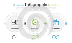 Set line Pie chart infographic, Clock and Computer monitor and desk. Business infographic template. Vector