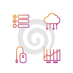Set line Pie chart infographic, Computer mouse, Task list and Network cloud connection. Gradient color icons. Vector