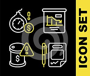 Set line Pie chart infographic, Contract money and pen, Drop crude oil price and Money bomb dollar crisis icon. Vector