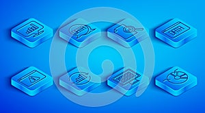 Set line Pie chart infographic, Data analysis, Document with, Binary code, Browser exclamation mark and icon. Vector