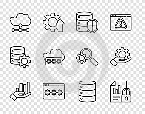 Set line Pie chart infographic, Document and lock, Server with shield, Password protection, Network cloud connection